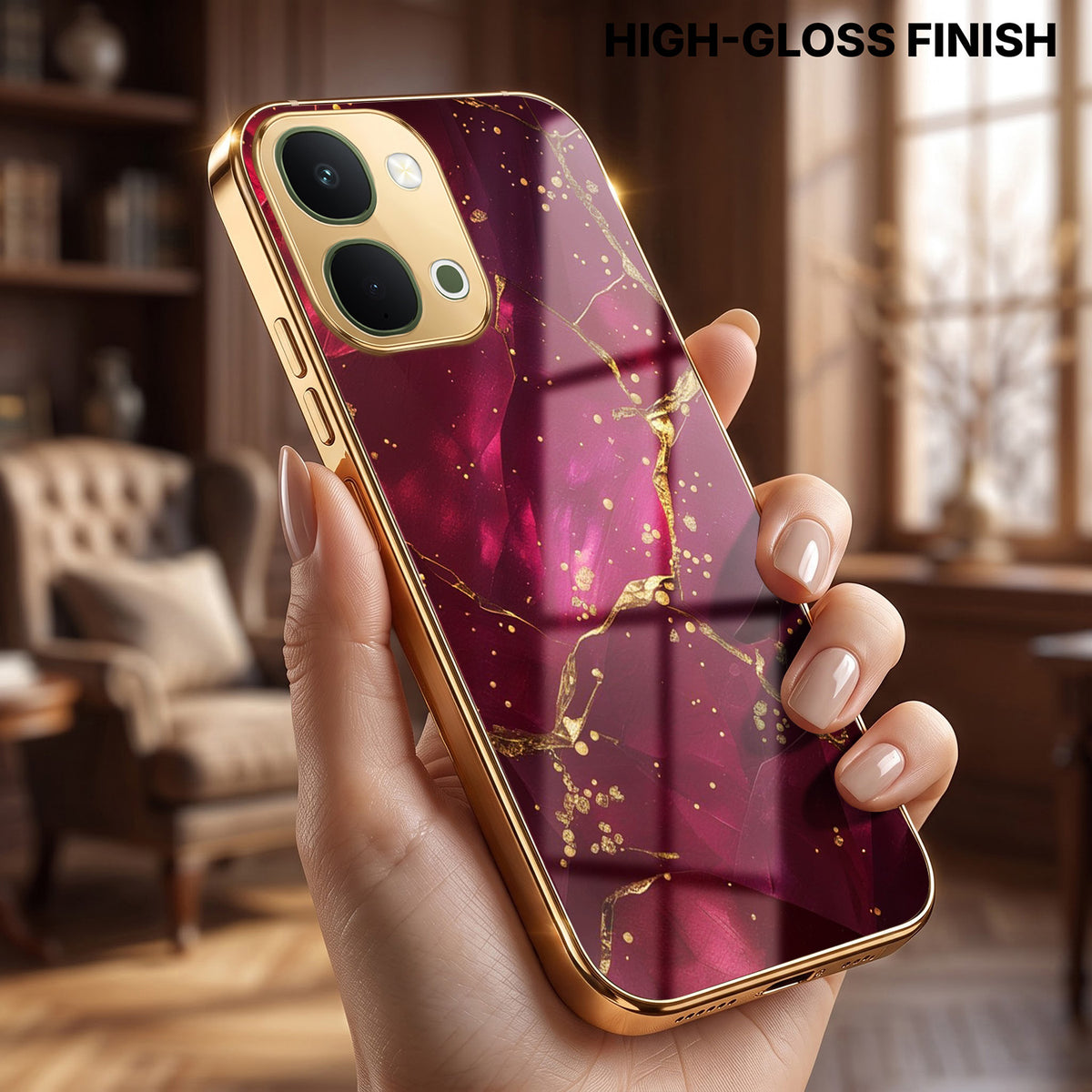 Vivo T5X 5G Luxury Crimson Marble Gold Electroplated Glass Phone Back Case
