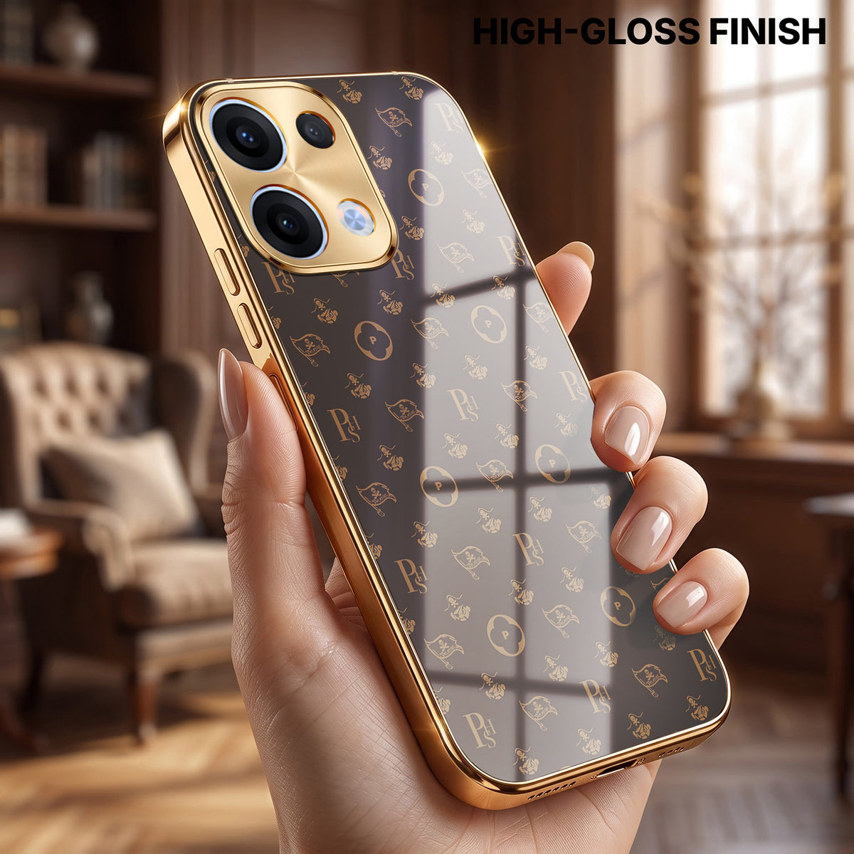 Oppo Reno 13 5G Luxury Monogram Brown Gold Electroplated Glass Phone Back Case