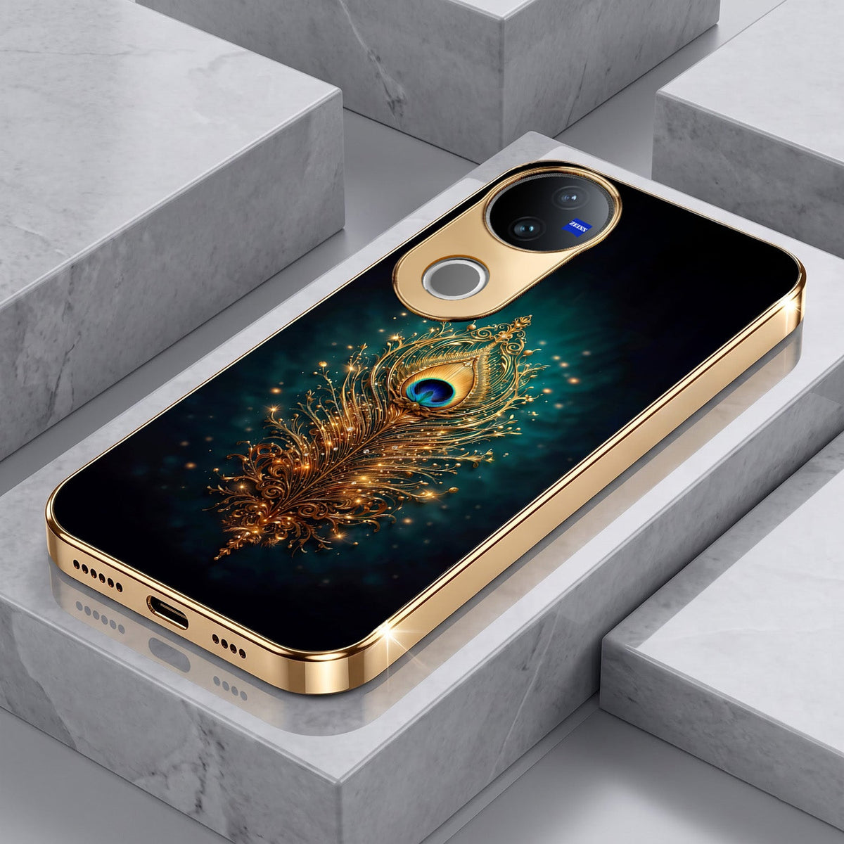 Vivo V50 5G Golden Peacock Feather Gold Electroplated Glass Phone Back Case