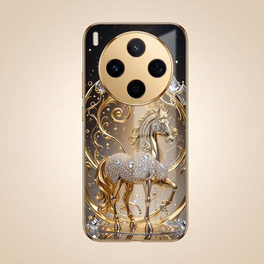 Vivo X300 5G Luxury Horse Texture Gold Electroplated Glass Phone Back Case