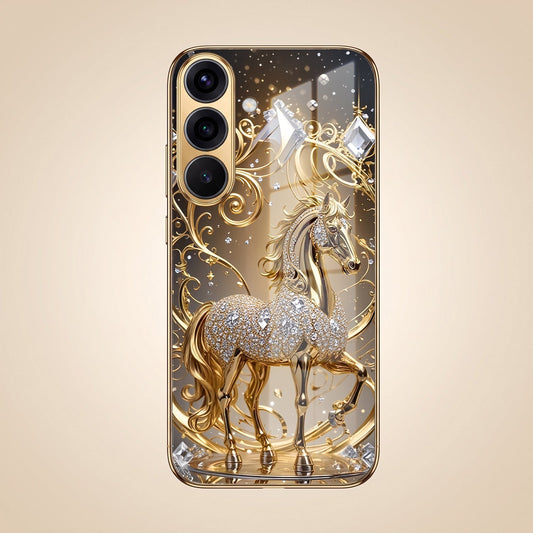 Samsung Galaxy A36 5G Luxury Horse Texture Gold Electroplated Glass Phone Back Case