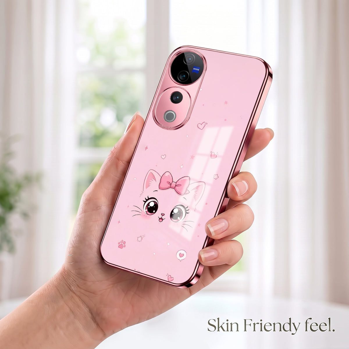 Vivo V40 Pro 5G Luxury Cute Cat Pink Electroplated Glass Phone Back Case