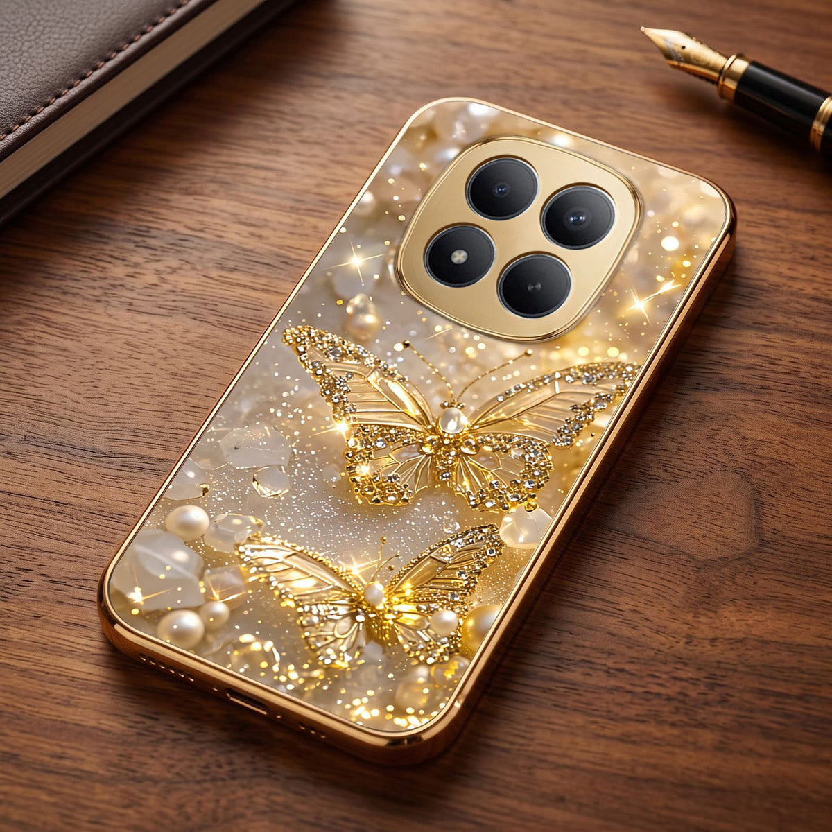 Redmi Note 15 Pro+ 5G Golden Butterfly Gold Electroplated Glass Phone Back Case