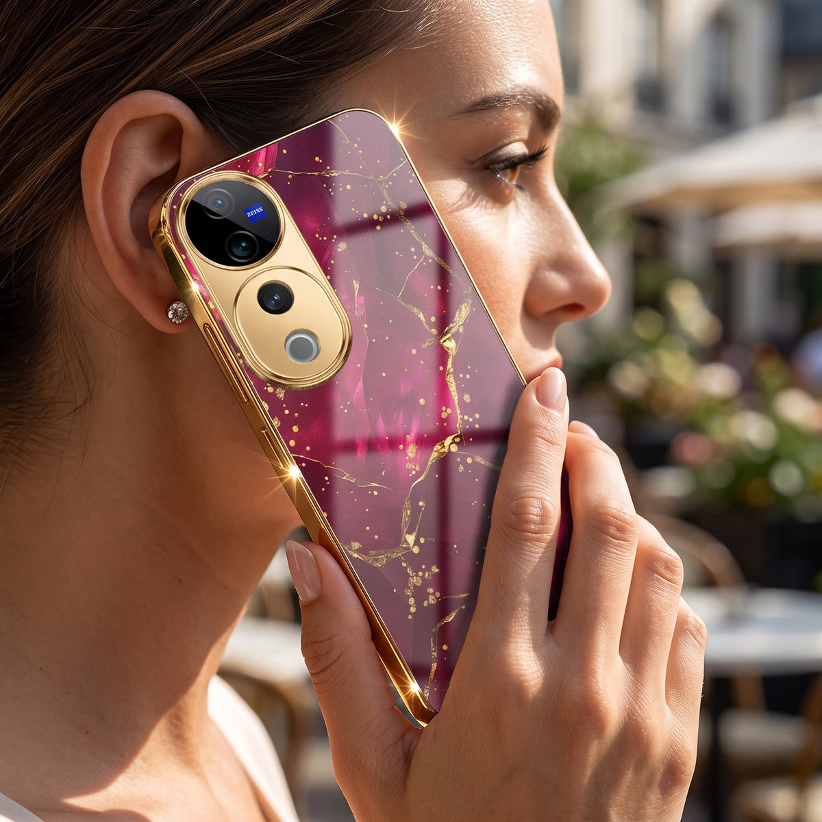 Vivo V40 Pro 5G Luxury Crimson Marble Gold Electroplated Glass Phone Back Case