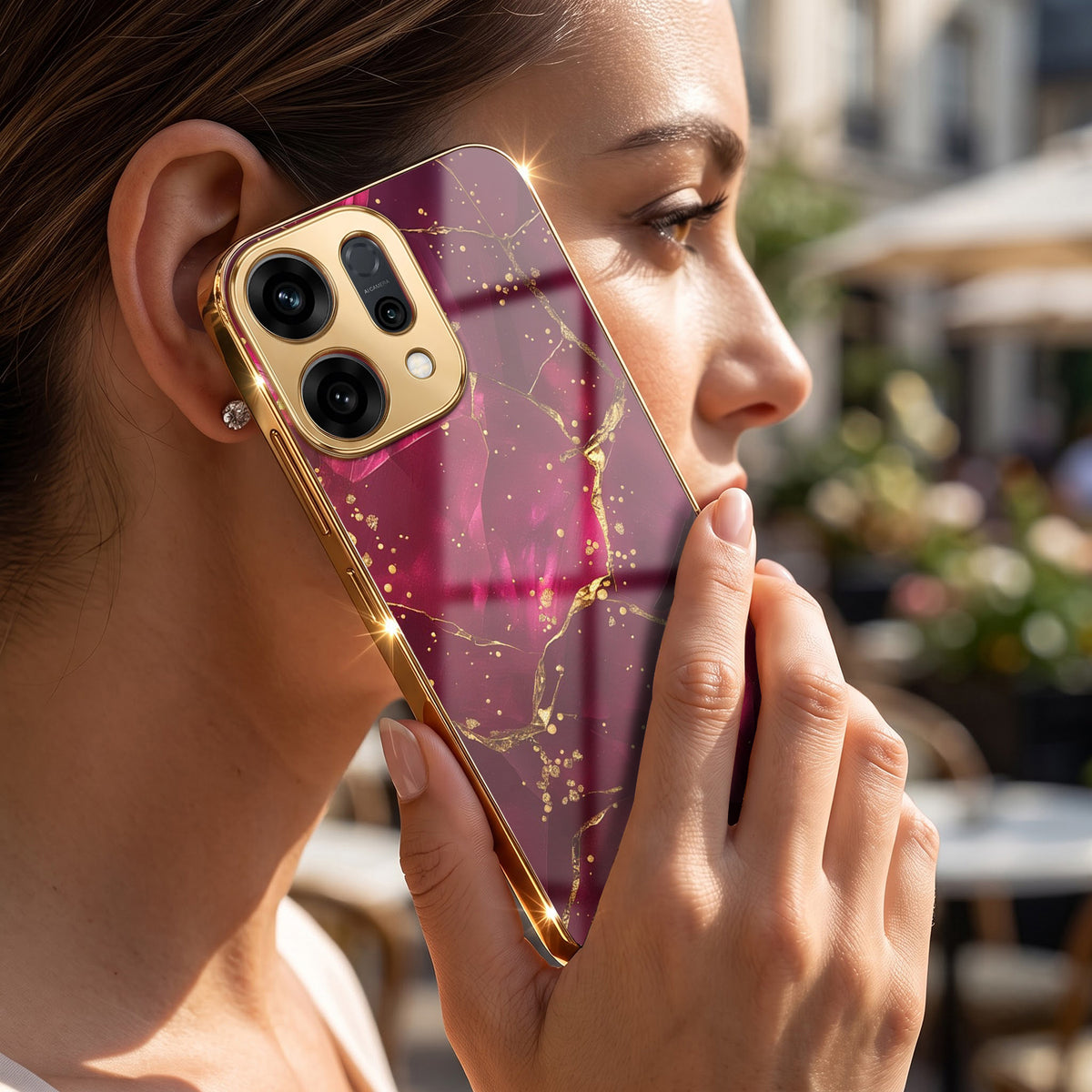 Oppo Reno 14 5G Luxury Crimson Gold Marble Electroplated Glass Case