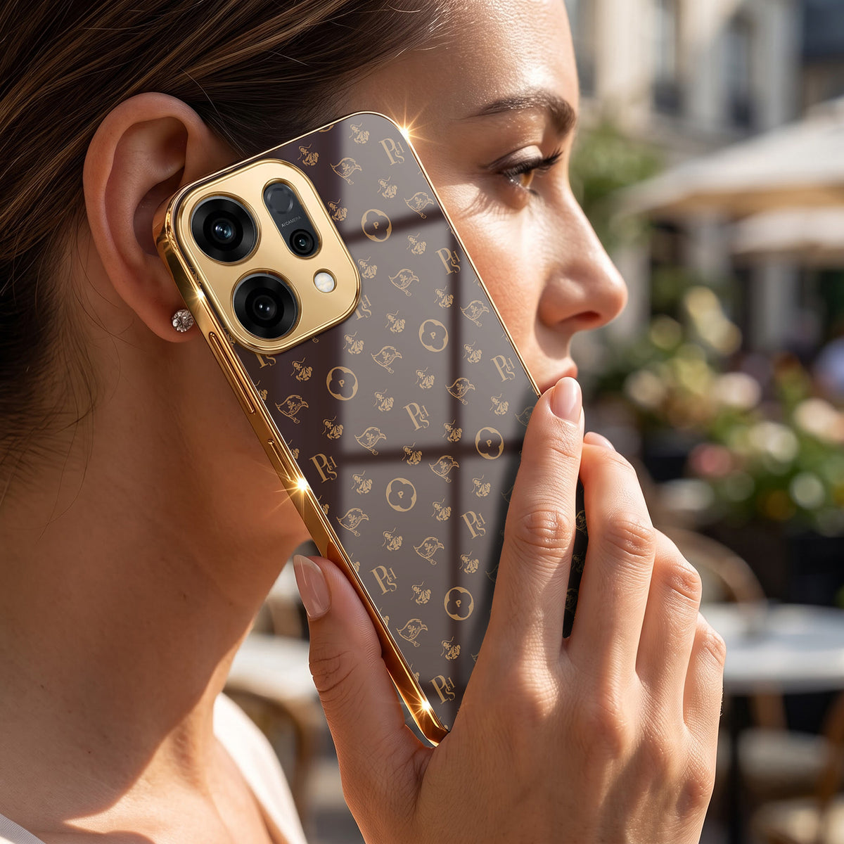 Oppo Reno 13 5G Luxury Monogram Brown Gold Electroplated Glass Phone Back Case
