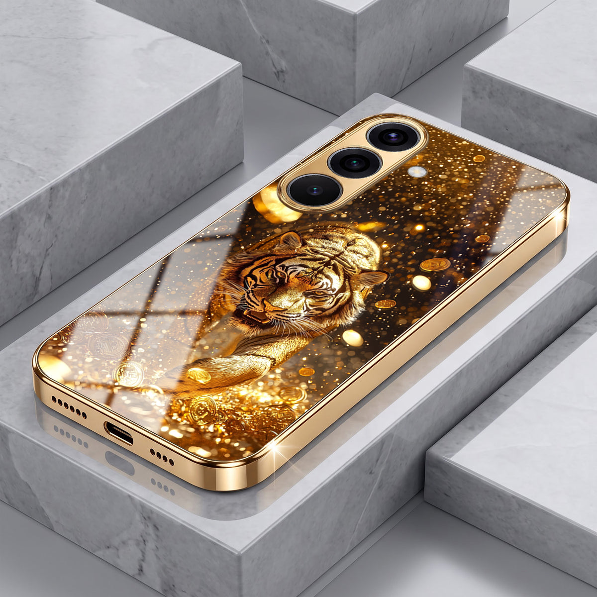 Samsung Galaxy A36 5G Luxury Tiger Gold Electroplated Glass Phone Back Case