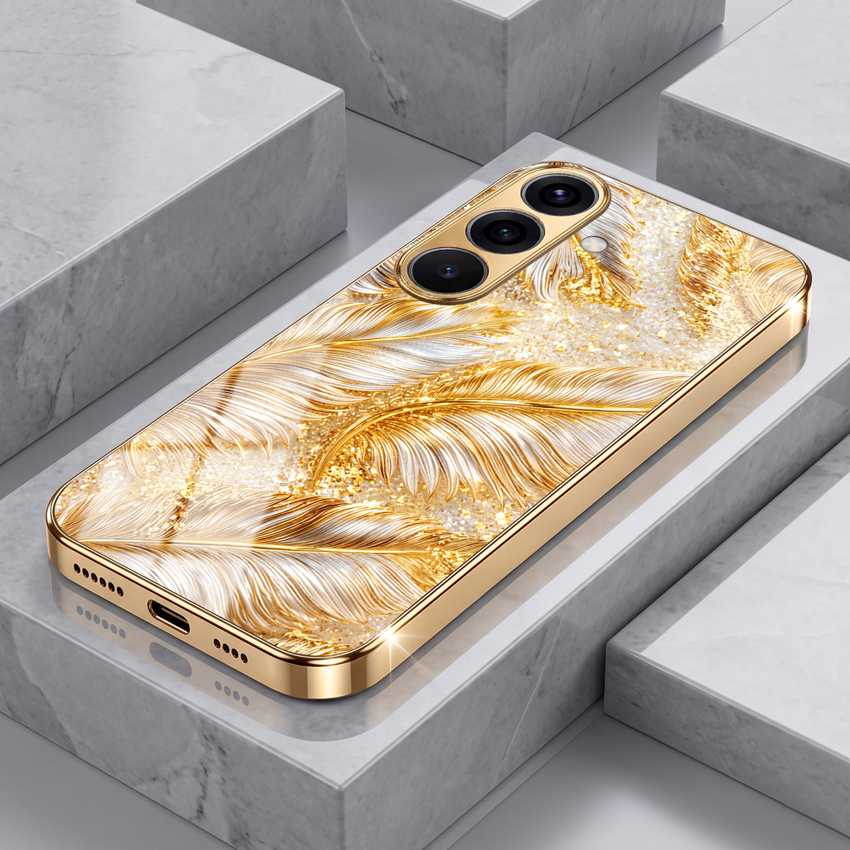 Samsung Galaxy A36 5G Golden Feather Marble Gold Electroplated Glass Phone Back Case