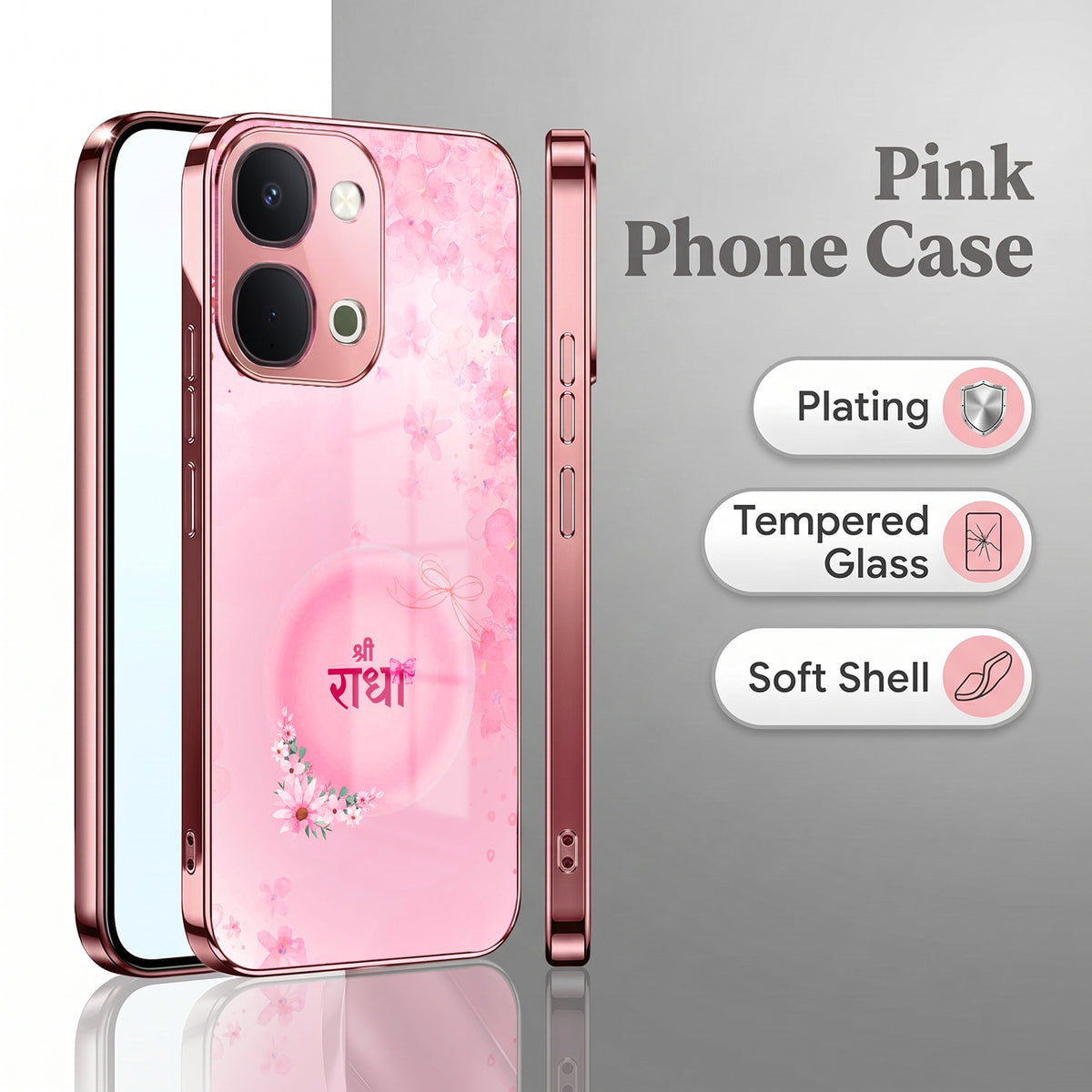 Vivo T5x 5G Luxury Shree Radha Pink Electroplated Glass Phone Back Case
