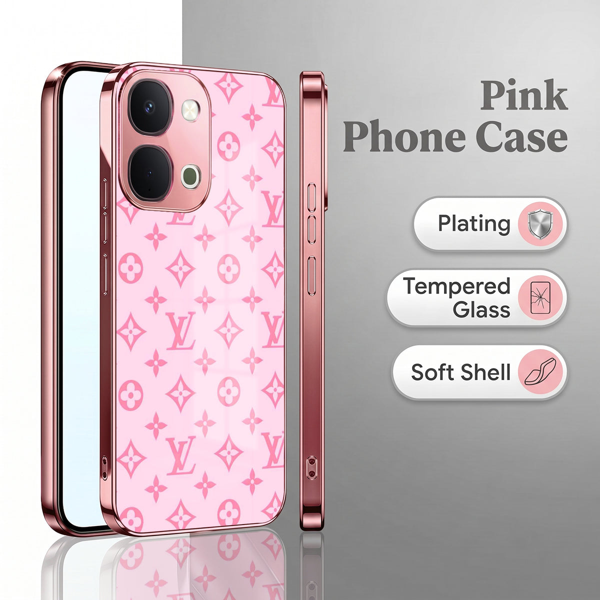 Vivo T5x 5G Luxury Monogram Pink Electroplated Glass Phone Back Case