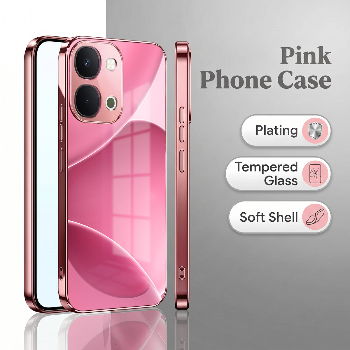 Vivo T5x 5G Luxury Glossy Wave Pink Electroplated Glass Phone Back Case