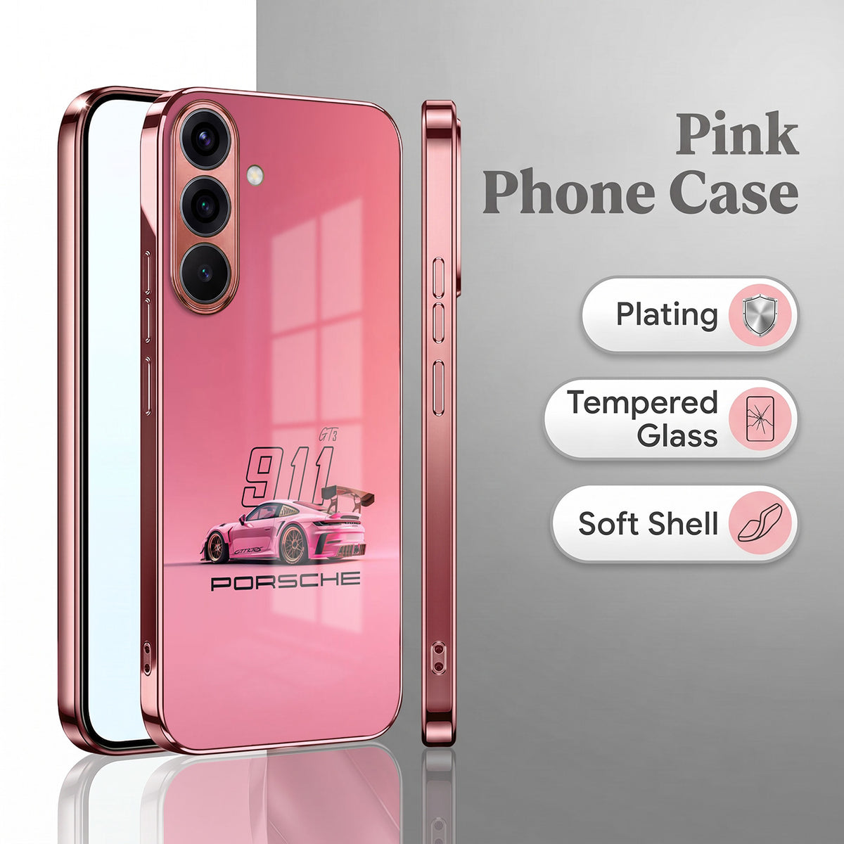 Samsung Galaxy A36 5G Luxury Porsche 911 Pink Electroplated Glass Phone Back Case
