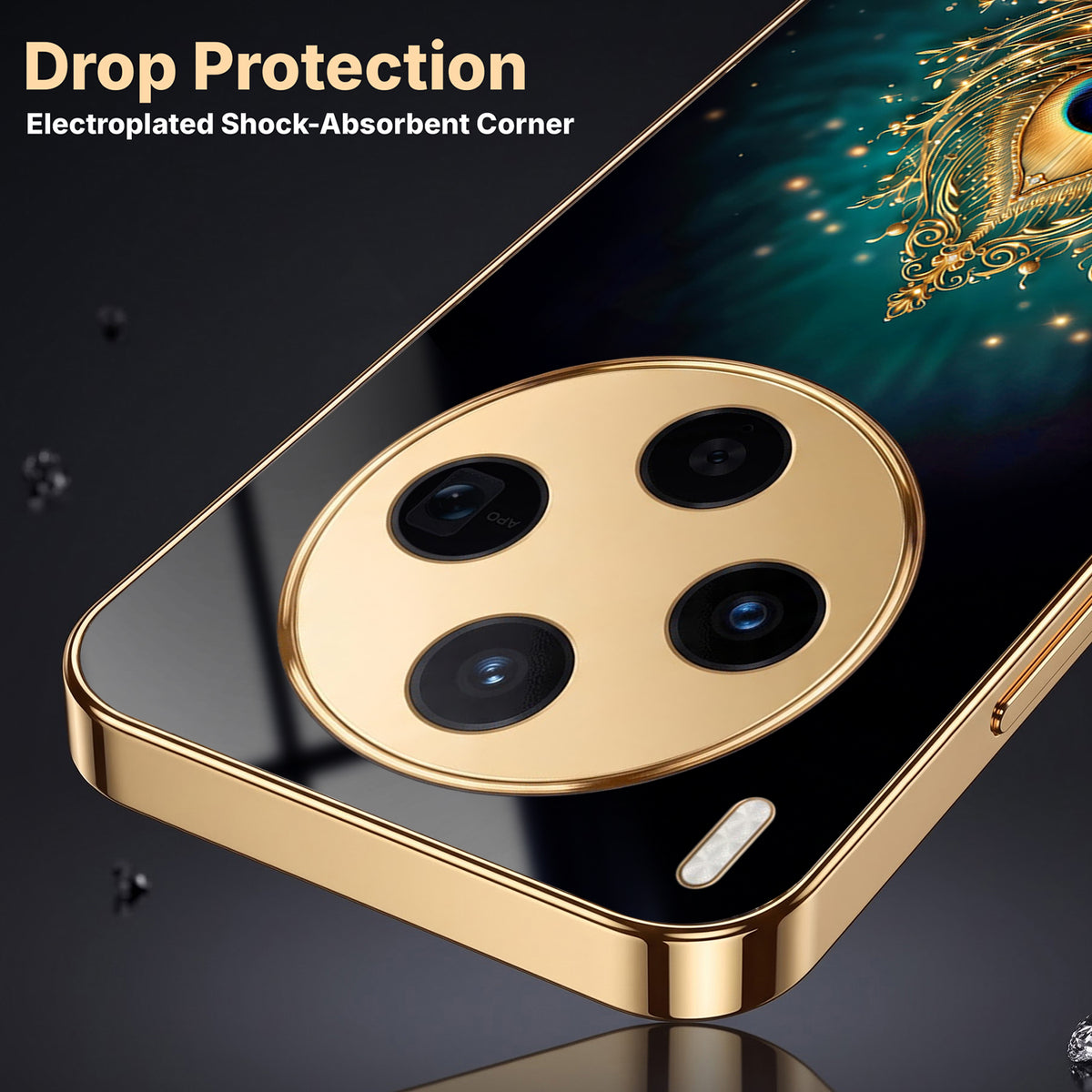 Vivo X300 5G Golden Peacock Feather Gold Electroplated Glass Phone Back Case