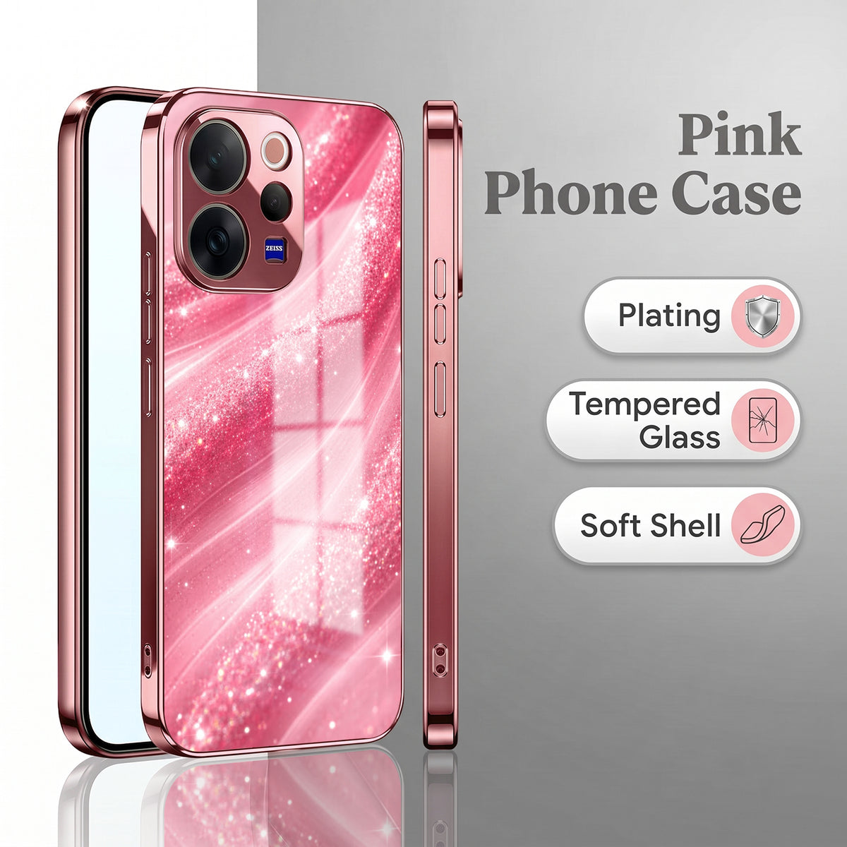 Vivo V70 5G Luxury Glitter Wave Pink Electroplated Glass Phone Back Case