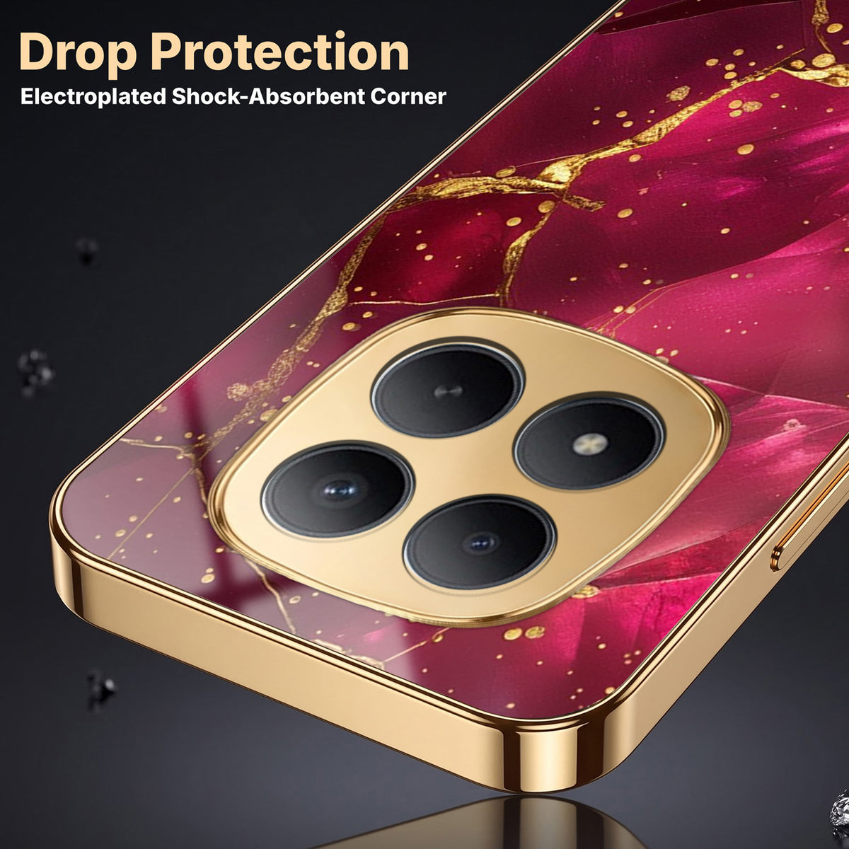 Redmi Note 15 Pro Plus 5G Luxury Crimson Marble Gold Electroplated Glass Phone Back Case
