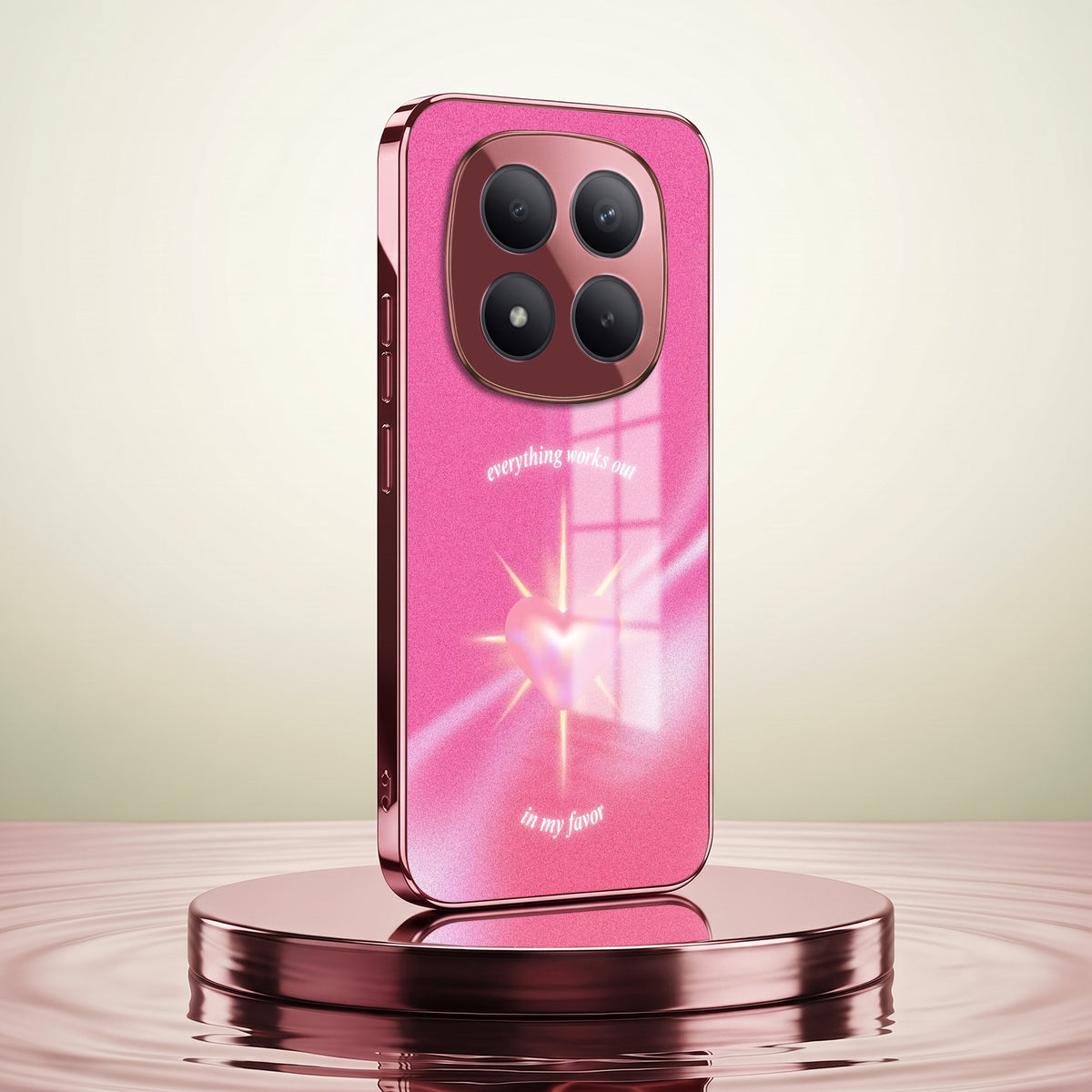 Redmi Note 15 Pro+ 5G Luxury Glowing Heart Pink Electroplated Glass Phone Back Case