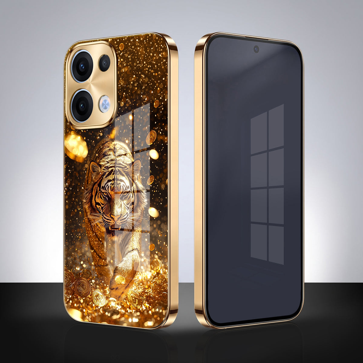 Oppo Reno 13 5G Luxury Tiger Gold Electroplated Glass Phone Back Case