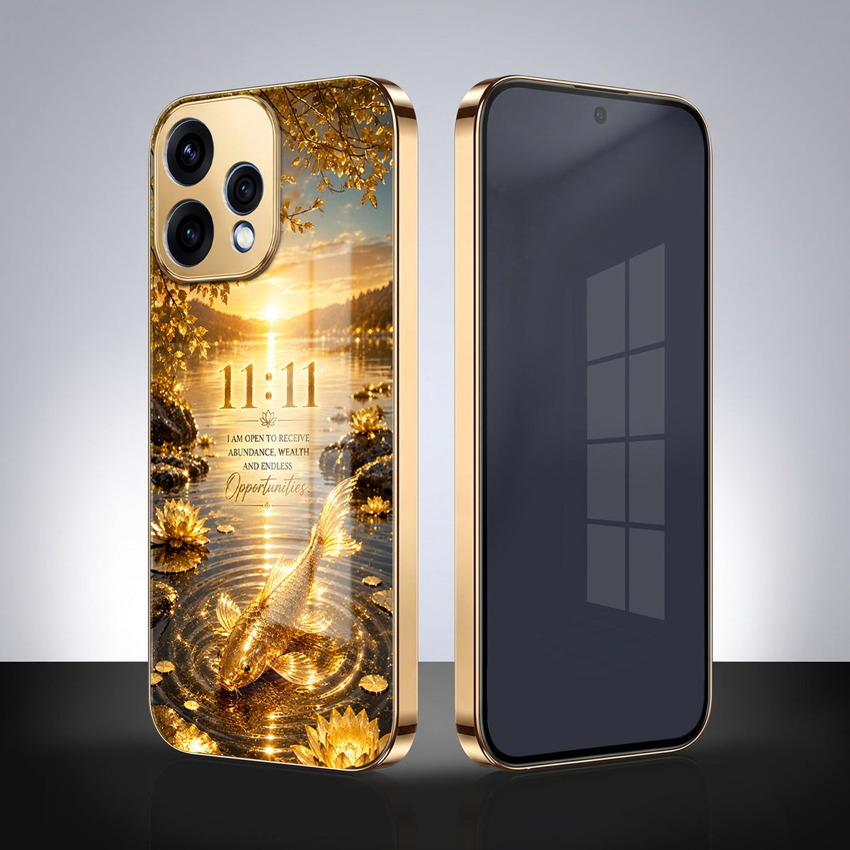 Oppo Reno 15 5G 11:11 Manifestation Gold Electroplated Glass Phone Back Case
