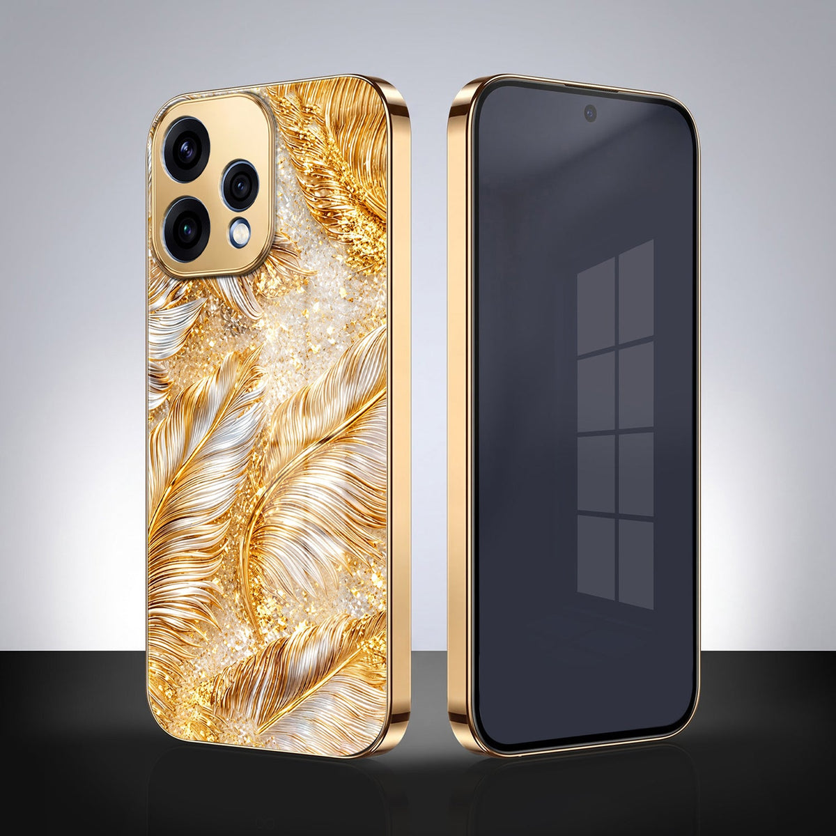 Oppo Reno 15 5G Golden Feather Marble Gold Electroplated Glass Phone Back Case