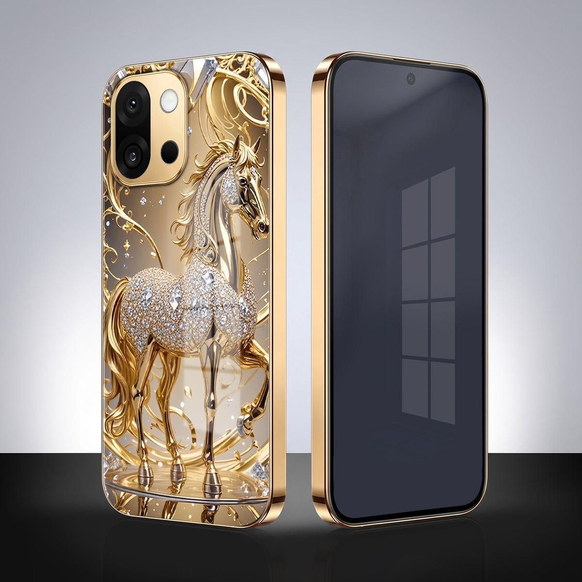 OnePlus 13s 5G Luxury Horse Texture Gold Electroplated Glass Phone Back Case