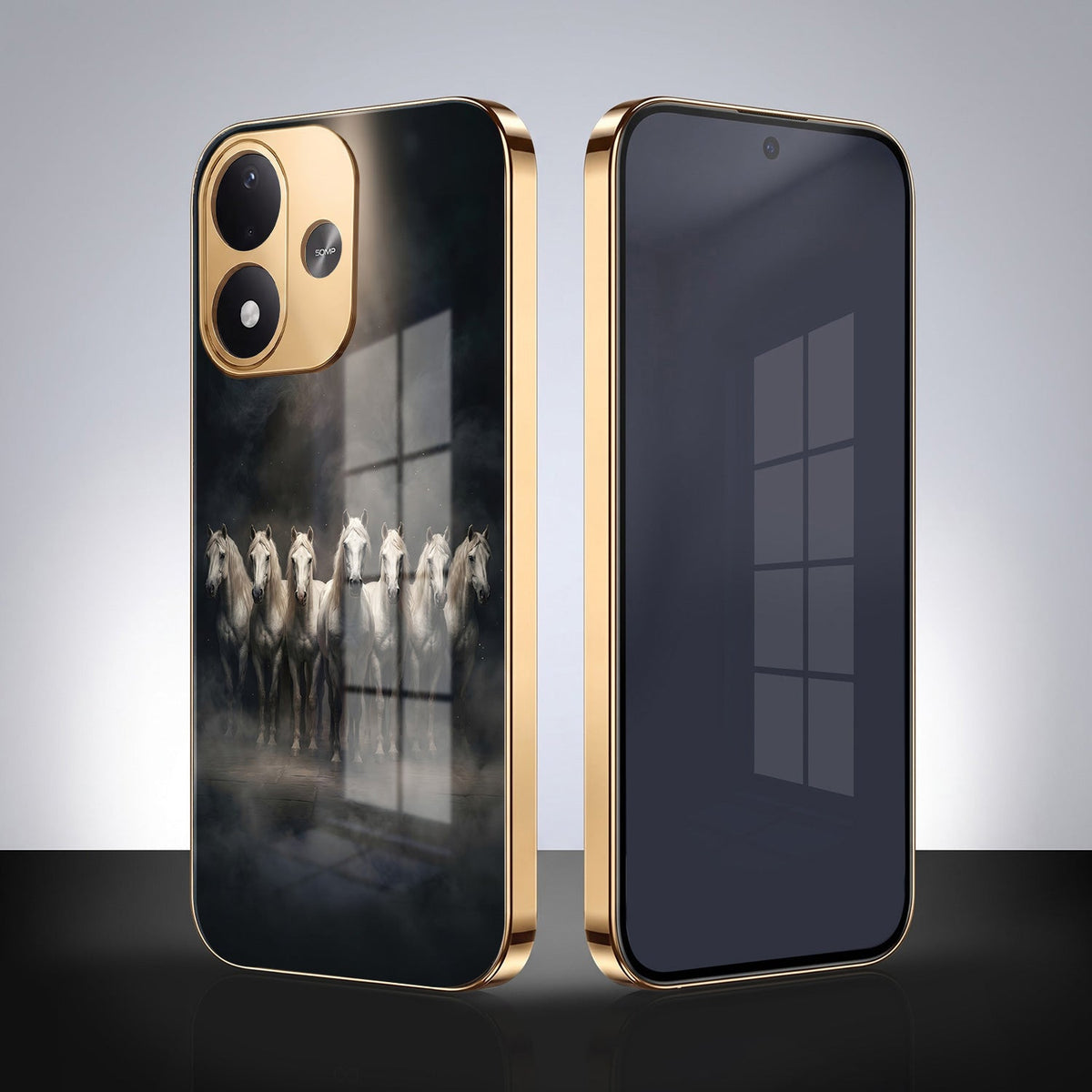 Redmi Note 17 5G Running Horses Gold Electroplated Glass Phone Back Case