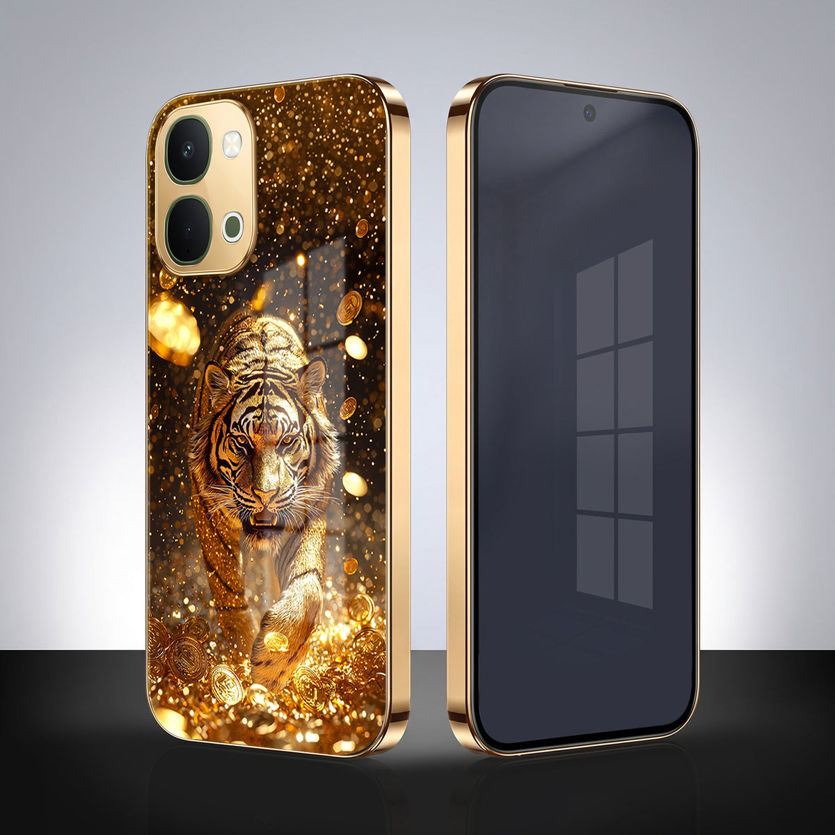 Vivo T5X 5G Luxury Tiger Gold Electroplated Glass Phone Back Case