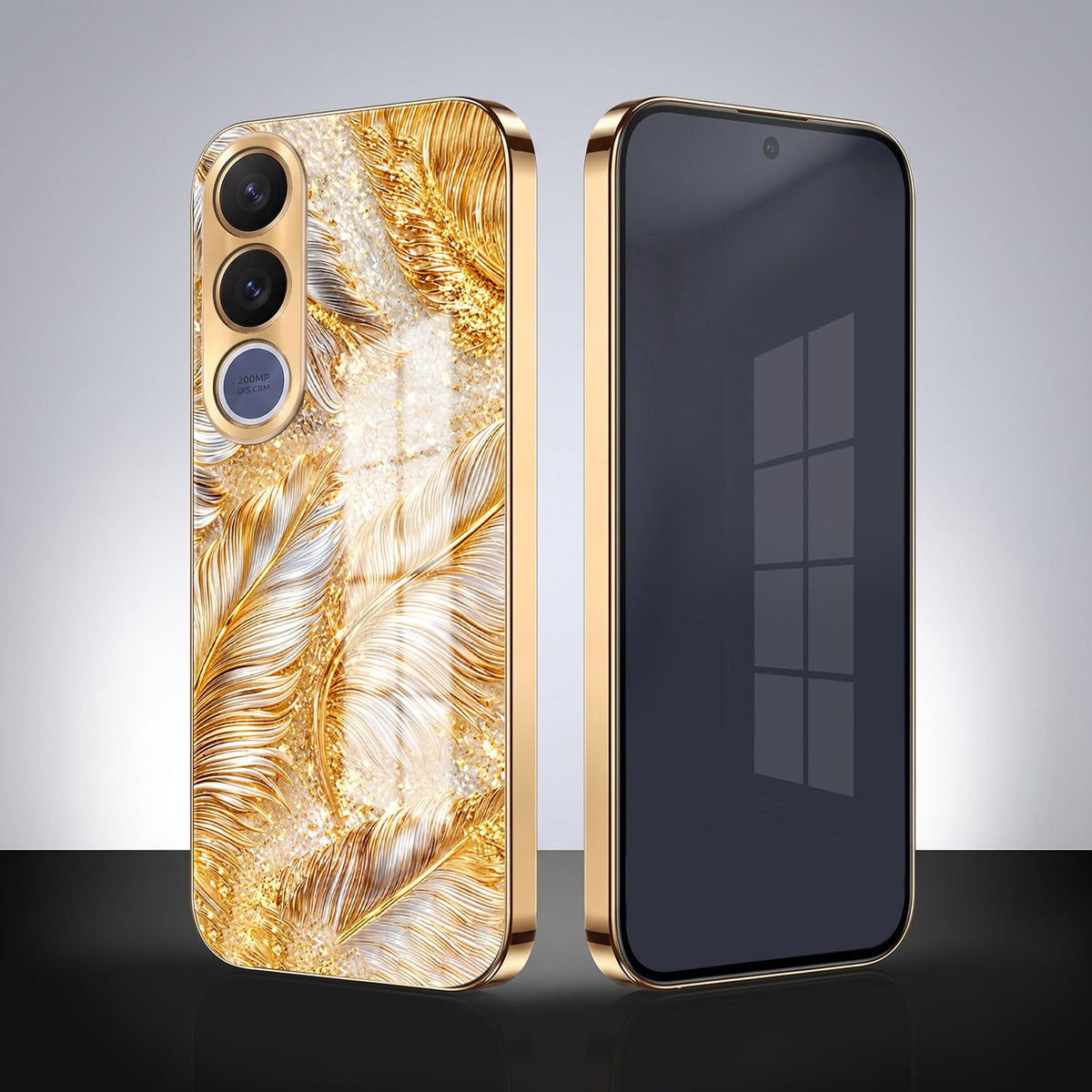 Vivo V70 FE 5G Golden Feather Marble Gold Electroplated Glass Phone Back Case