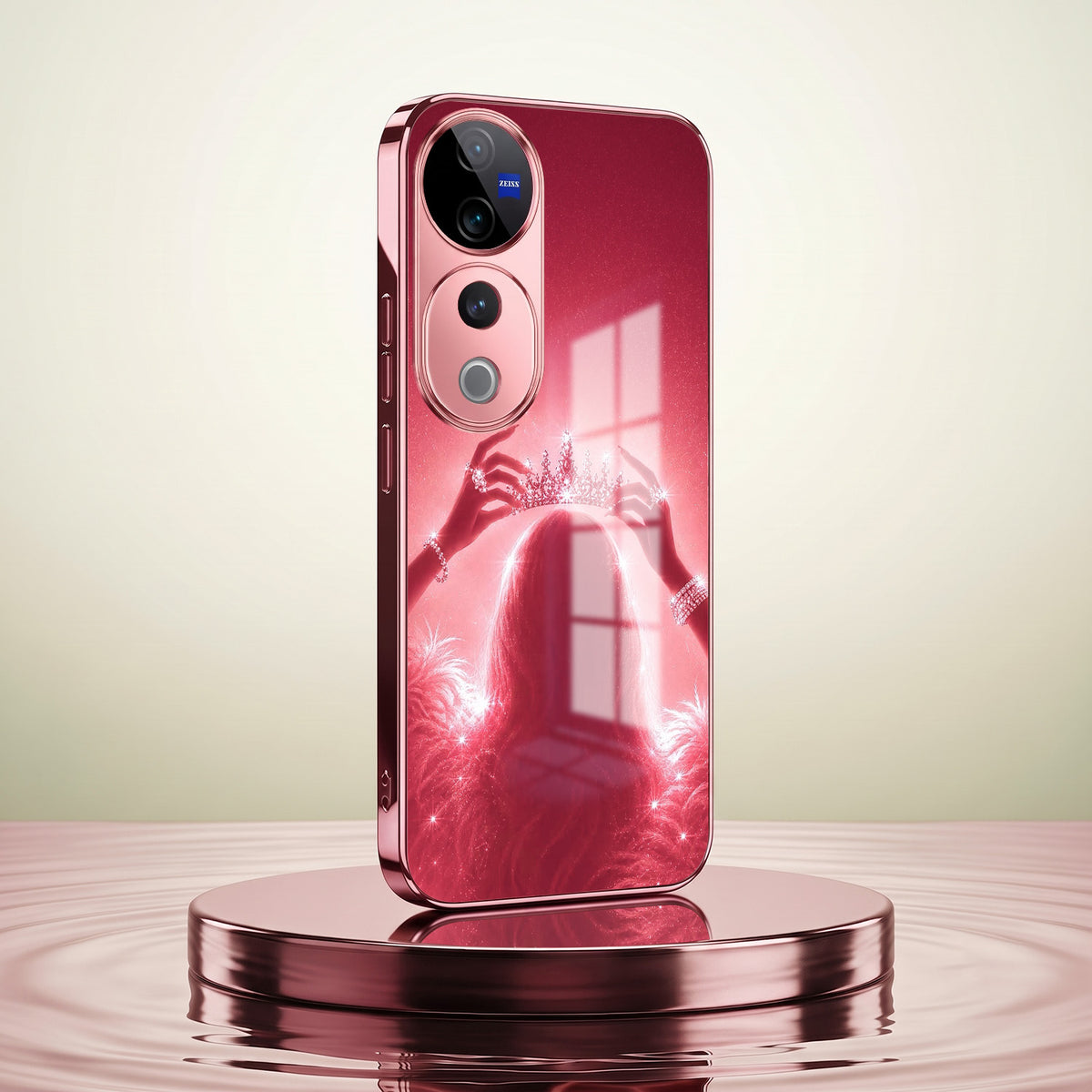 Vivo V40 Pro 5G Luxury Crown Queen Pink Electroplated Glass Phone Back Case