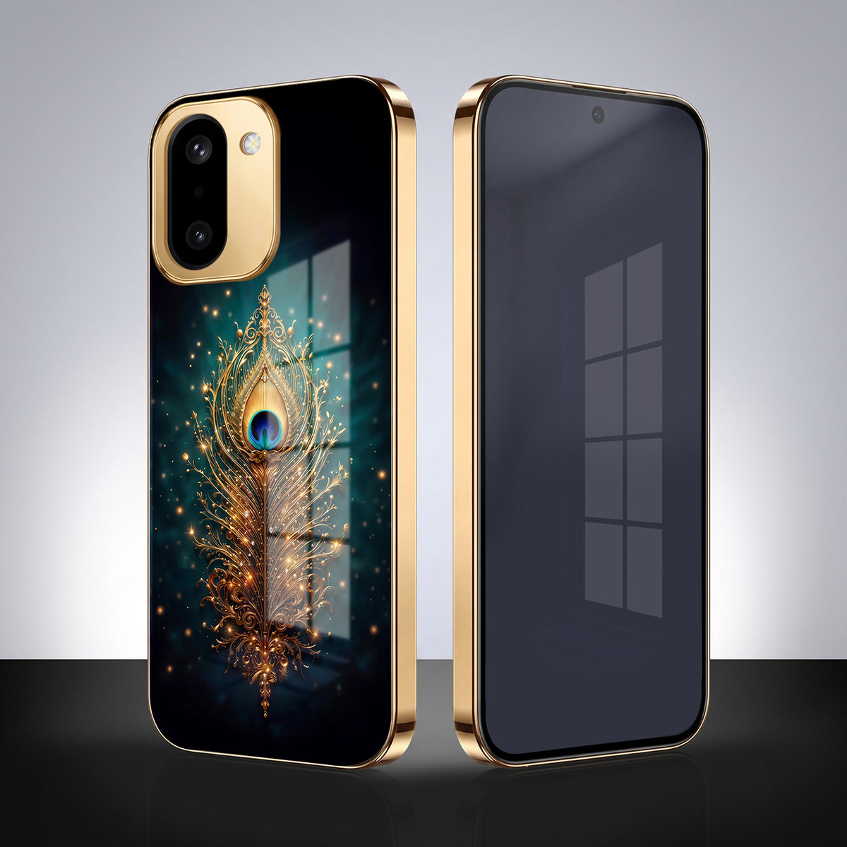 OnePlus 15R 5G Golden Peacock Feather Gold Electroplated Glass Phone Back Case
