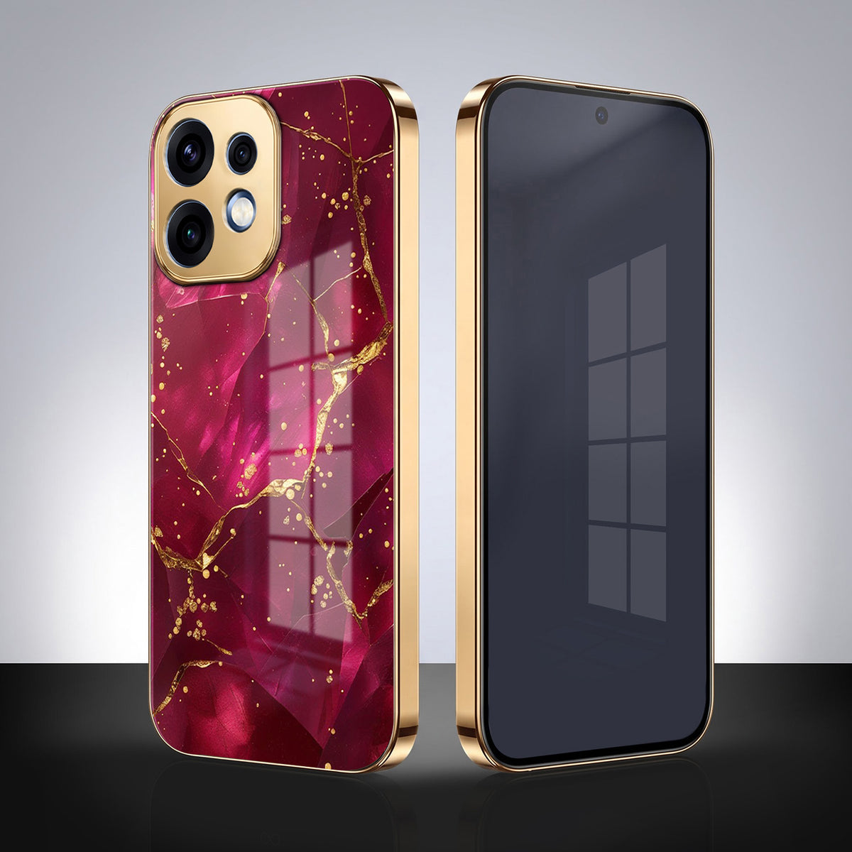 Oppo Reno 16 5G Luxury Crimson Marble Gold Electroplated Glass Phone Back Case