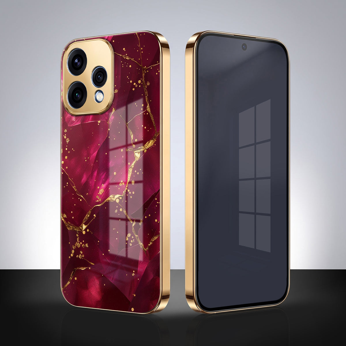 Oppo Reno 15 5G Luxury Crimson Marble Gold Electroplated Glass Phone Back Case