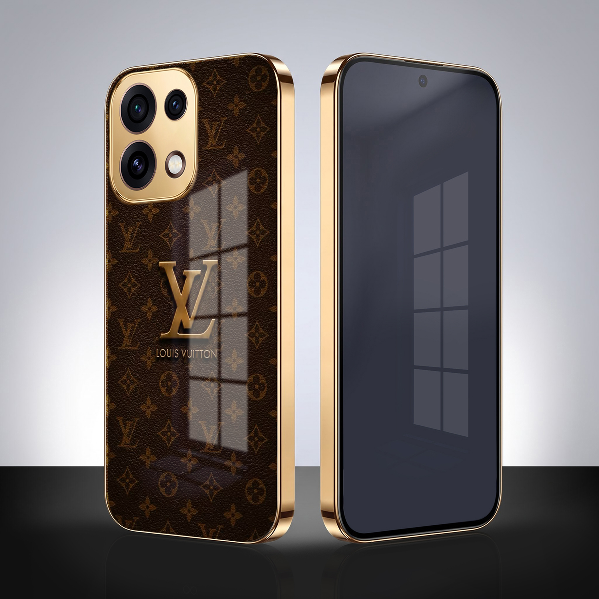 Oppo Reno 16C 5G LV Brown Monogram Gold Electroplated Glass Phone Back Case
