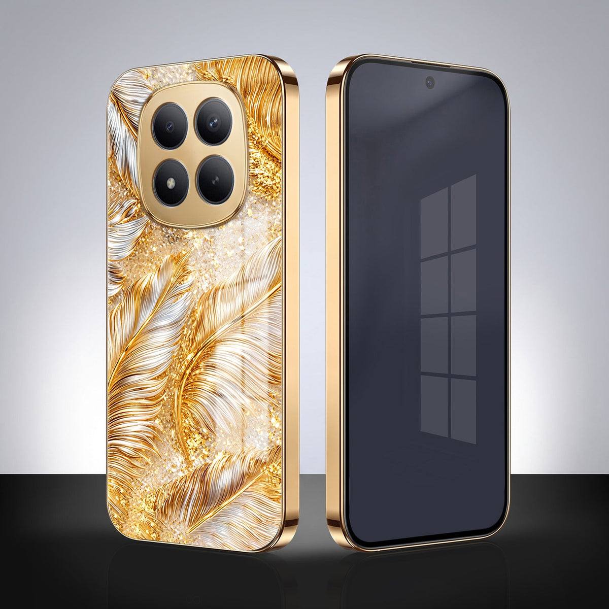 Redmi Note 15 Pro+ 5G Golden Feather Marble Gold Electroplated Glass Phone Back Case