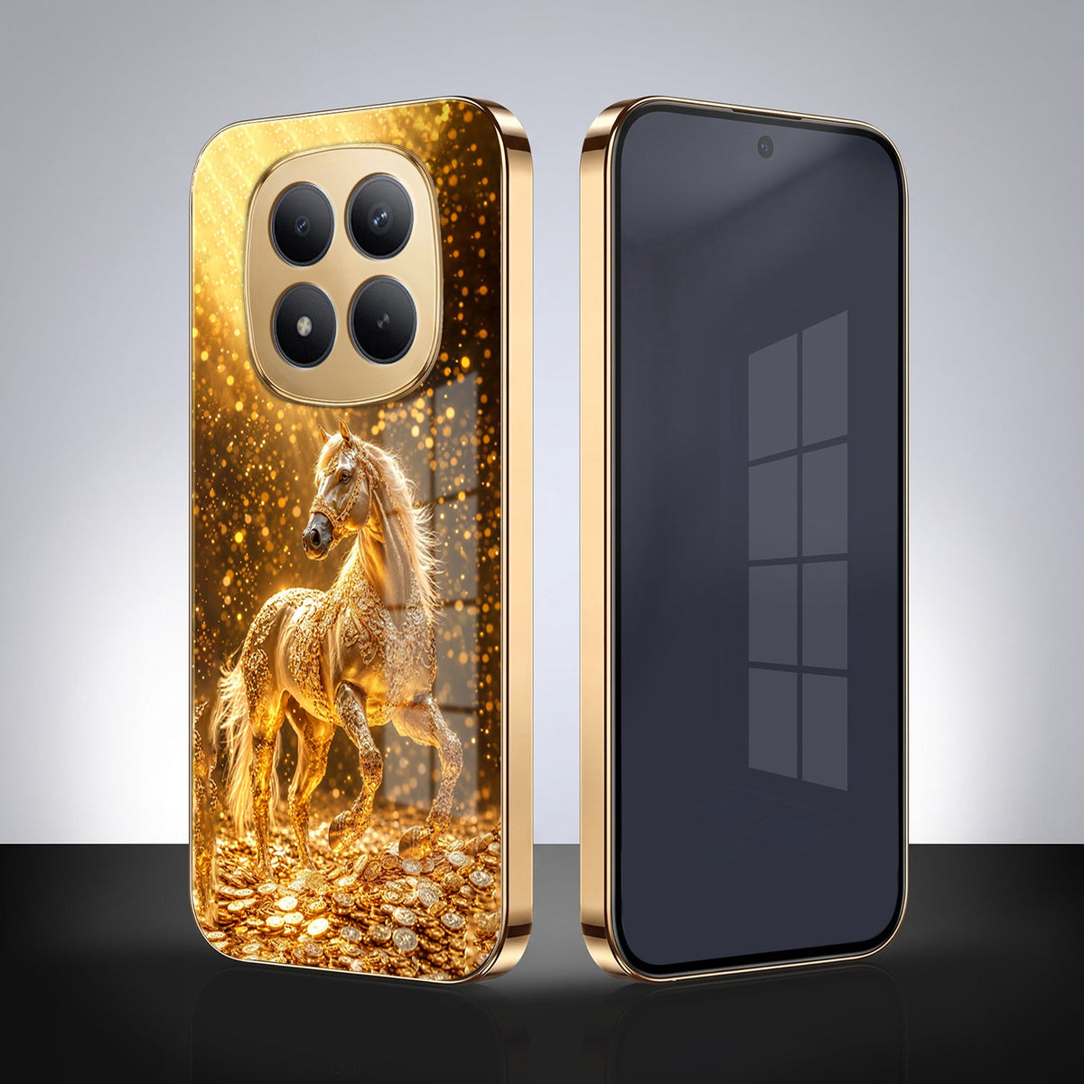 Redmi Note 15 Pro+ 5G Golden Horse Sparkle Gold Electroplated Glass Phone Back Case