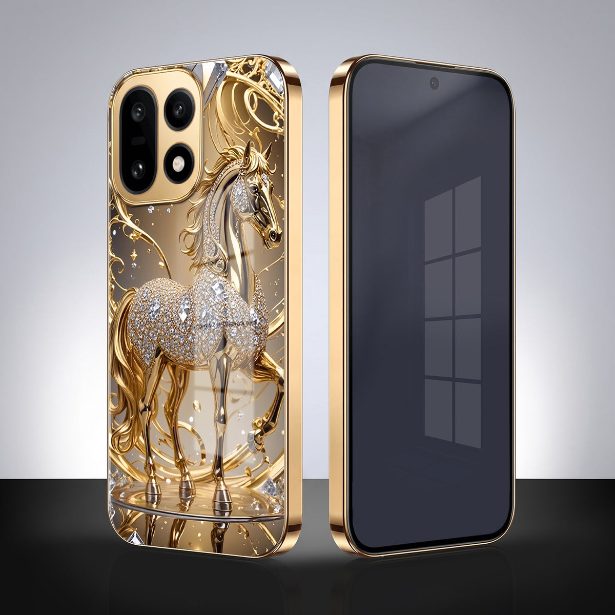 OnePlus 15 5G Luxury Horse Texture Gold Electroplated Glass Phone Back Case