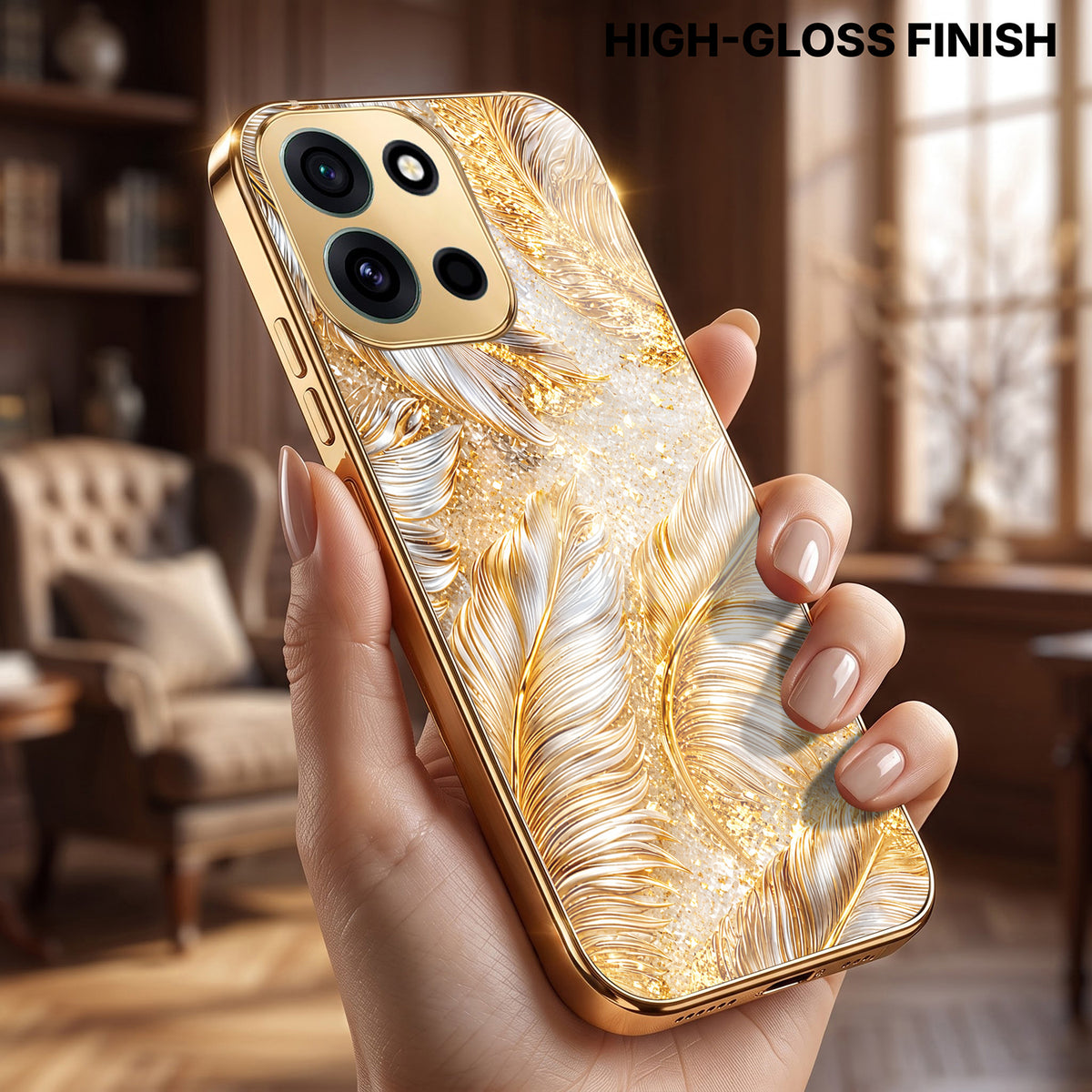 OnePlus Nord 6 5G Golden Feather Marble Gold Electroplated Glass Phone Back Case