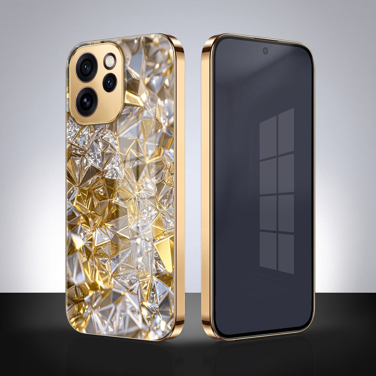 Oppo Reno 15 Pro Mini 5G White Diamond Shatter Gold Electroplated Glass Phone Back Case