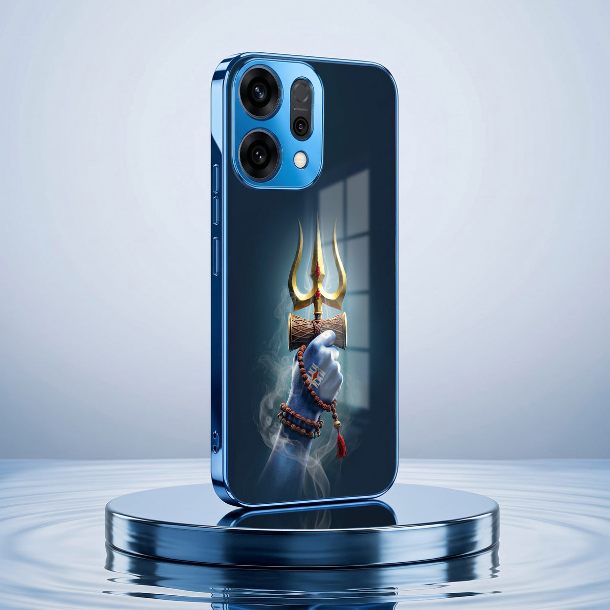 Oppo Reno 14 5G Divine Shiva Trisul Blue Electroplated Glass Phone Back Case