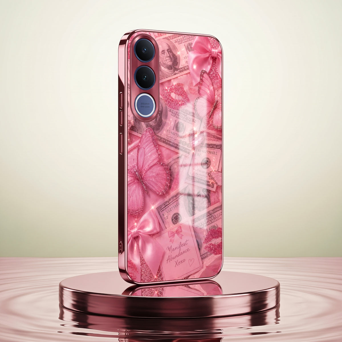 Vivo V70 FE 5G Luxury Dollar Butterfly Pink Electroplated Glass Phone Back Case