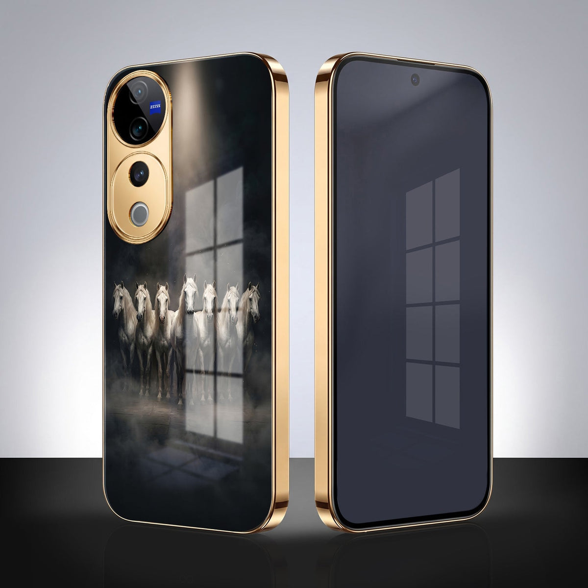 Vivo V40 Pro 5G Running Horses Gold Electroplated Glass Phone Back Case