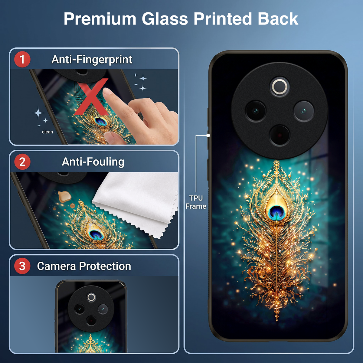 Vivo T4 5G Golden Peacock Feather Acrylic Glass Back Case