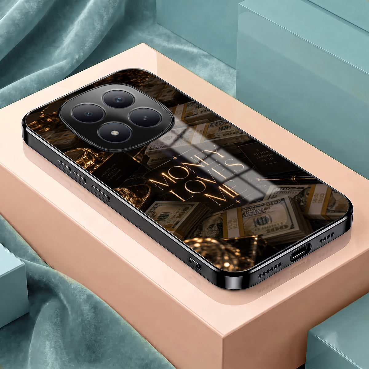 Redmi Note 15 Pro Plus 5G Money Loves Me Black Electroplated Glass Phone Back Case