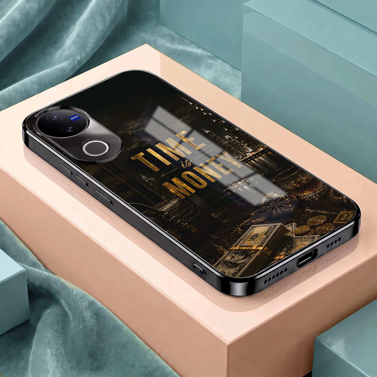 Vivo V50 5G Time Is Money Black Electroplated Glass Phone Back Case
