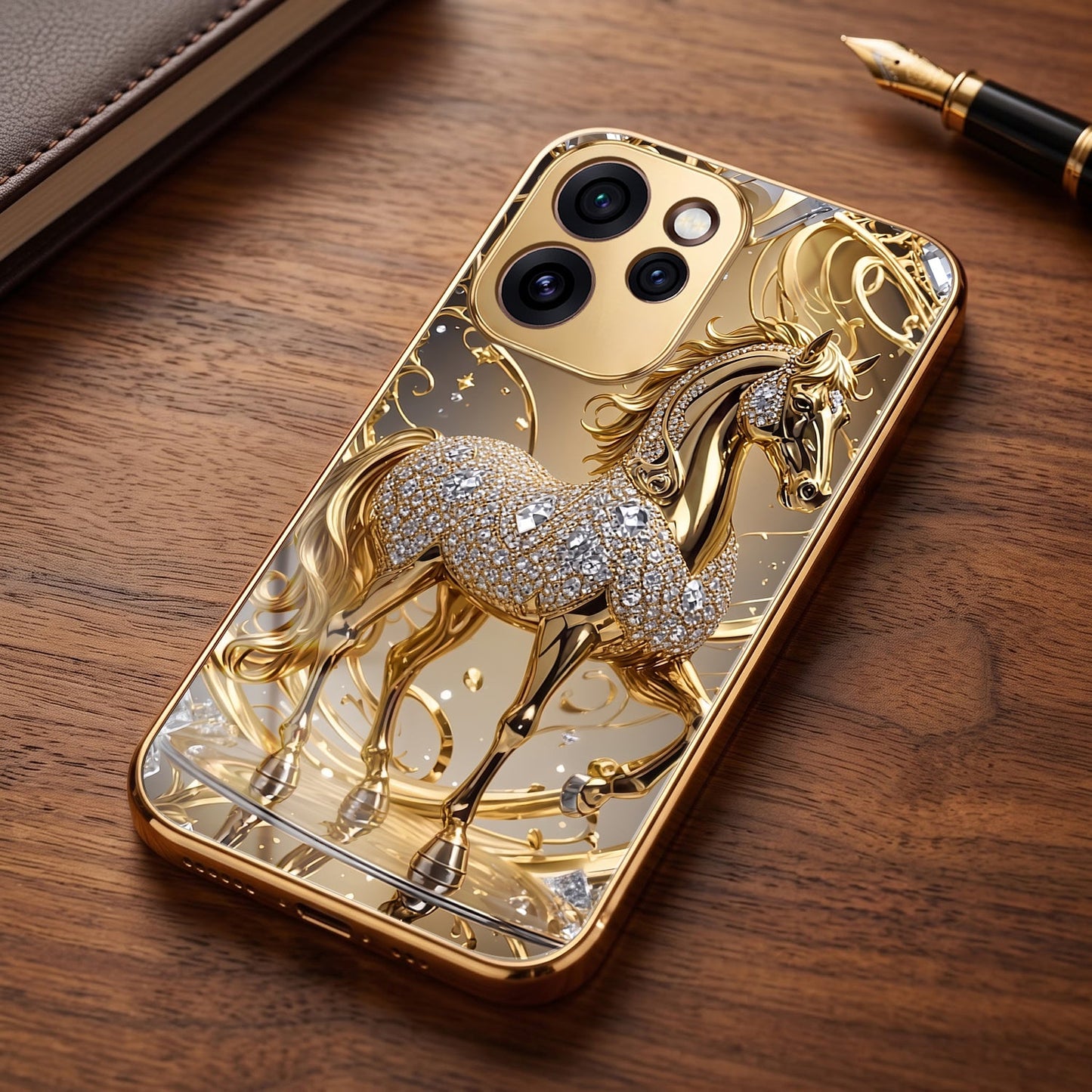 Oppo Reno 15 Pro Mini 5G Luxury Horse Texture Gold Electroplated Glass Phone Back Case