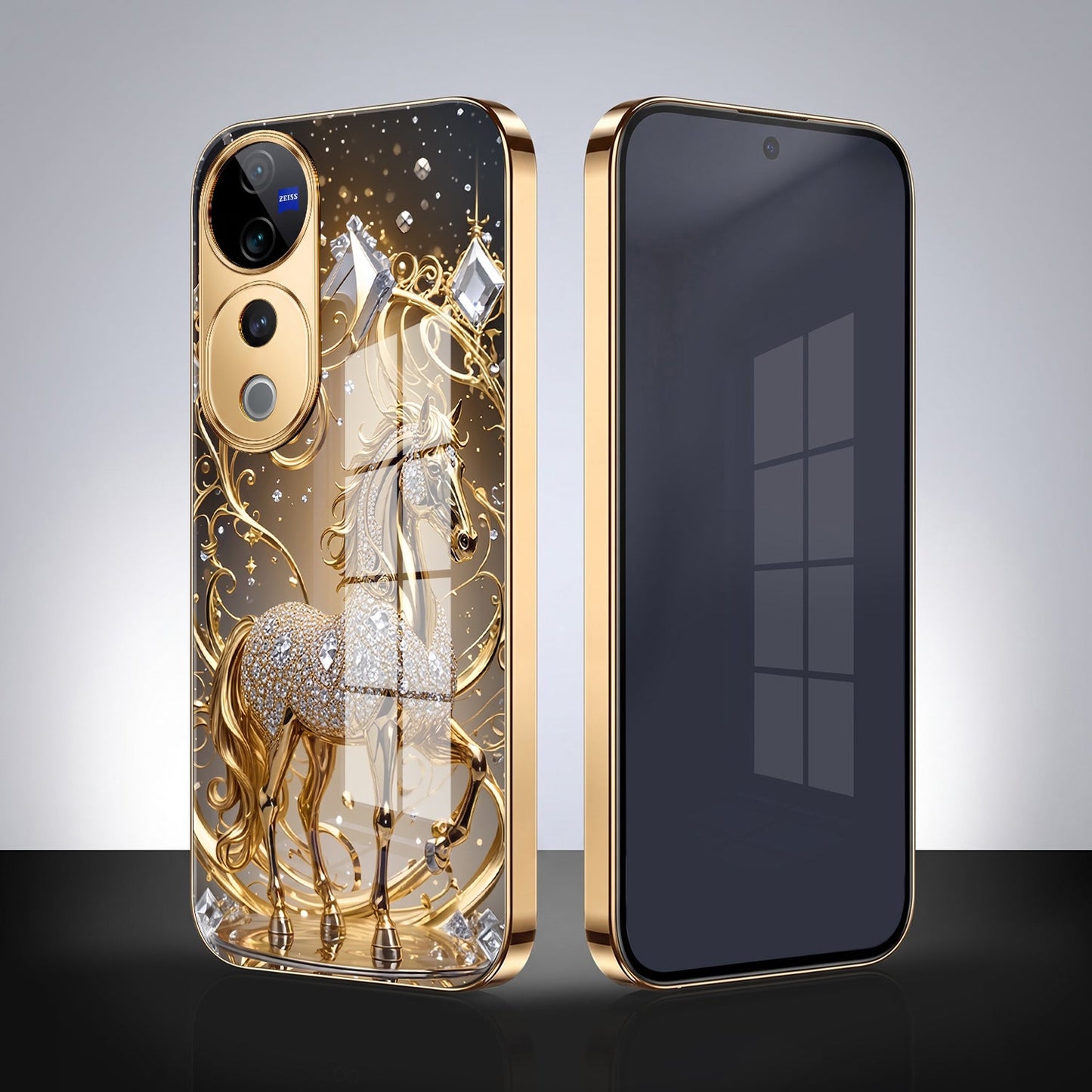 Vivo V40 Pro 5G Luxury Horse Texture Gold Electroplated Glass Phone Back Case