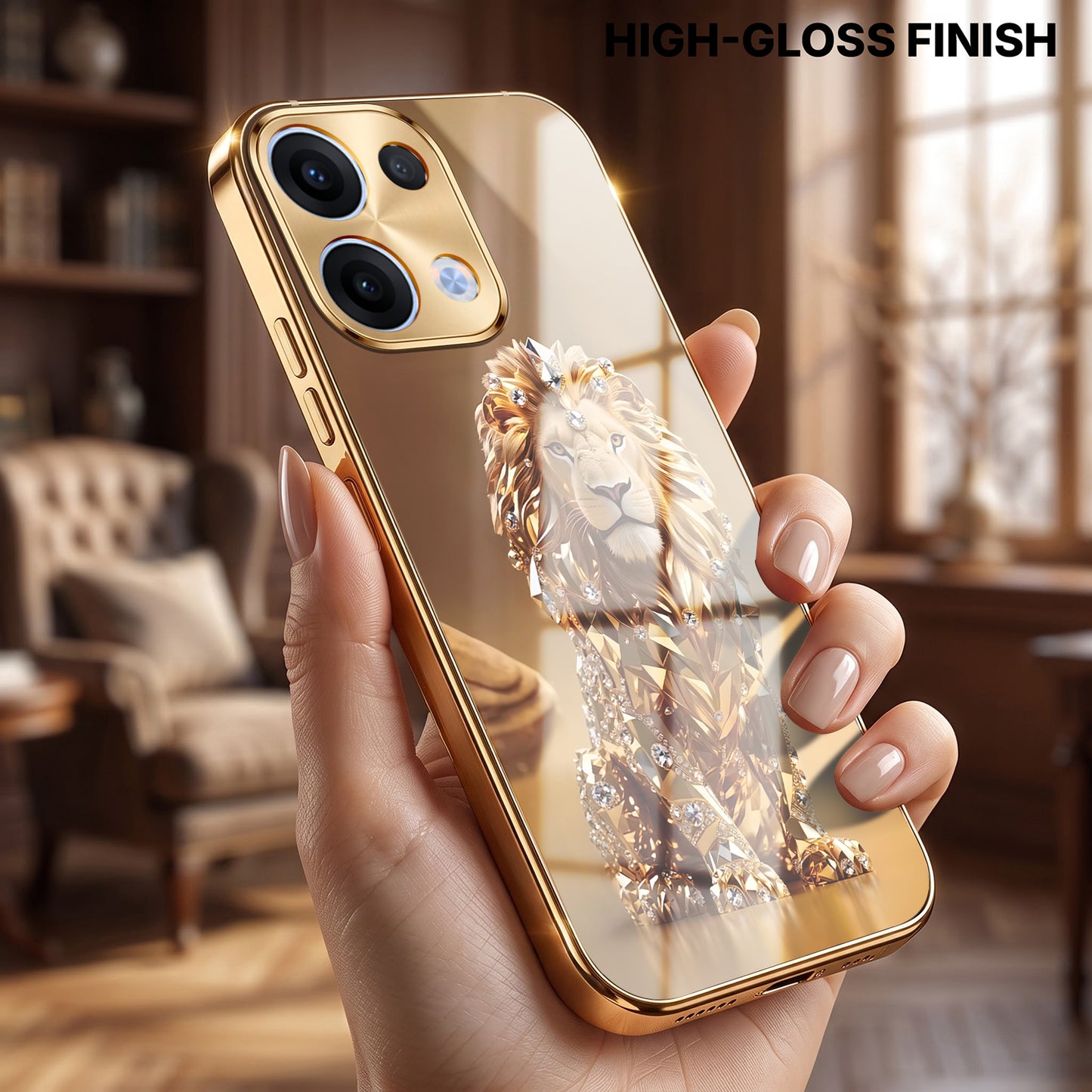 Oppo Reno 13 5G Luxury Lion Gold Electroplated Glass Phone Back Case