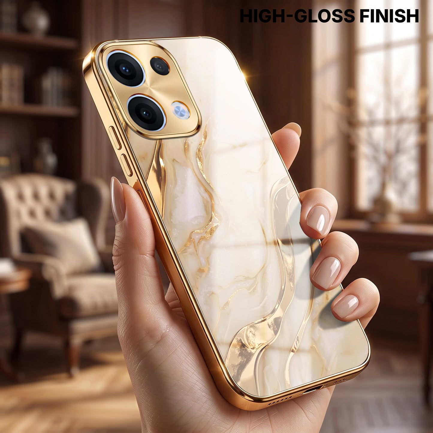 Oppo Reno 13 5G Marvel Texture Gold Electroplated Glass Phone Back Case