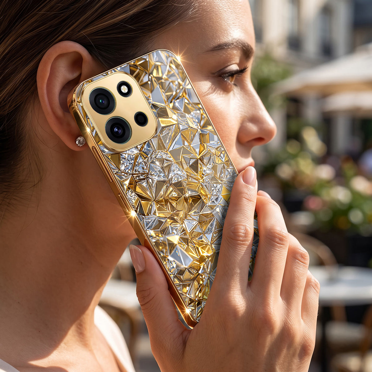 OnePlus Nord 6 5G White Diamond Shatter Gold Electroplated Glass Phone Back Case