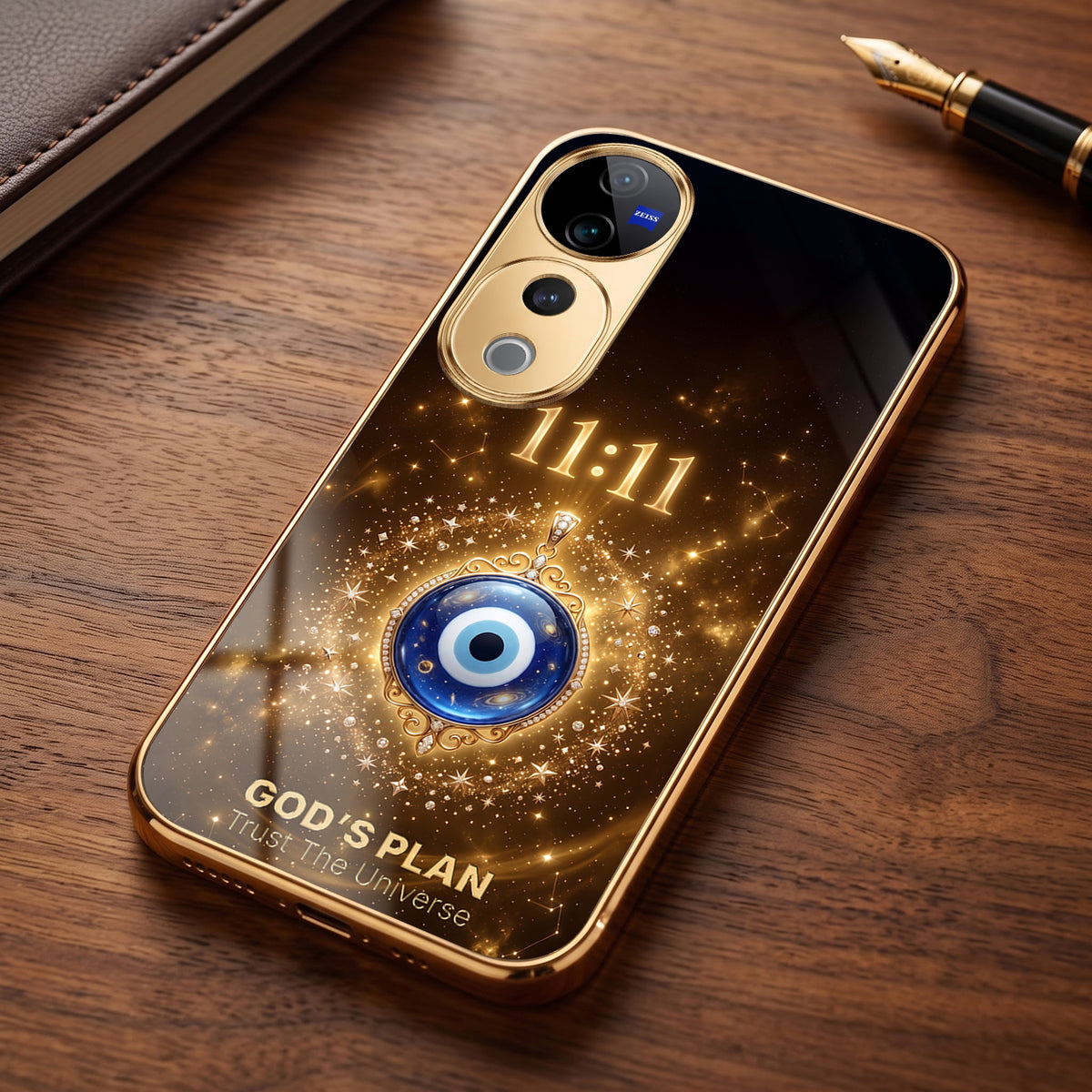 Vivo V40 Pro 5G God’s Plan Evil Eye Gold Electroplated Glass Phone Back Case