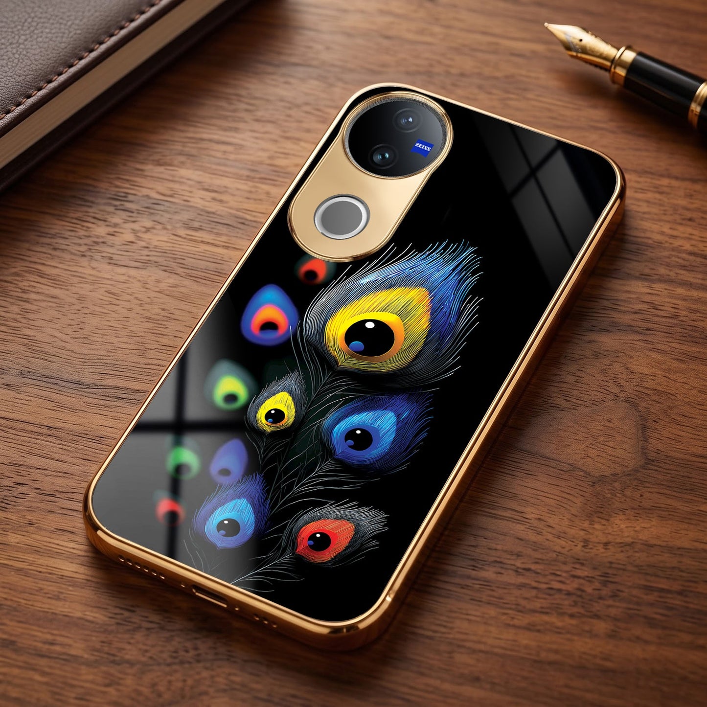 Vivo V50 5G Premium Peacock Feather Gold Electroplated Glass Phone Back Case